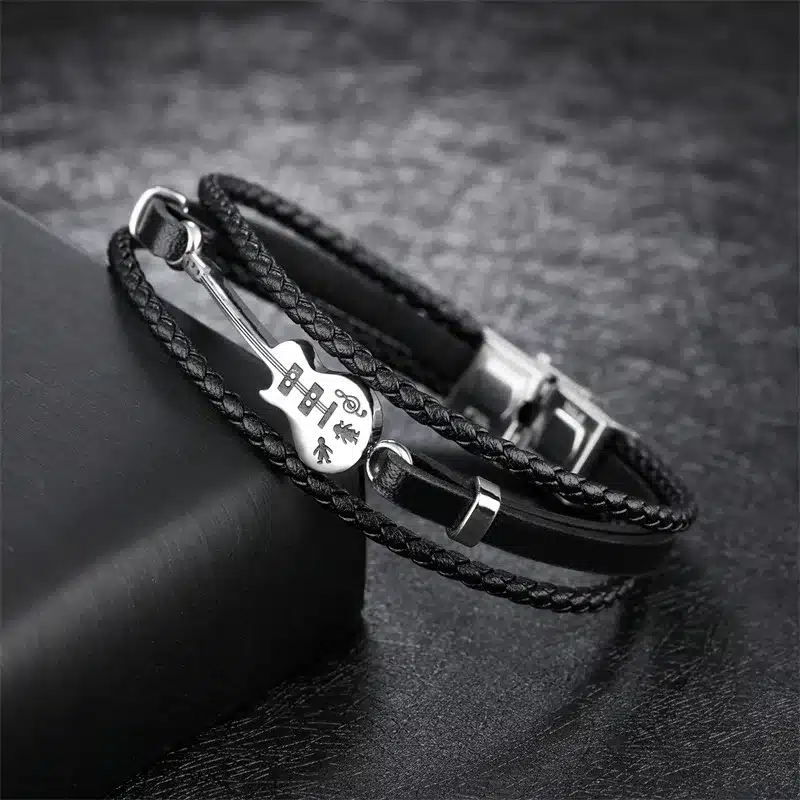 AZIZ BEKKAOUI Unique Stainless Steel Guitar Bracelets Customized Logo Leather Bracelet for Men Rope Bangle Drop shipping 14