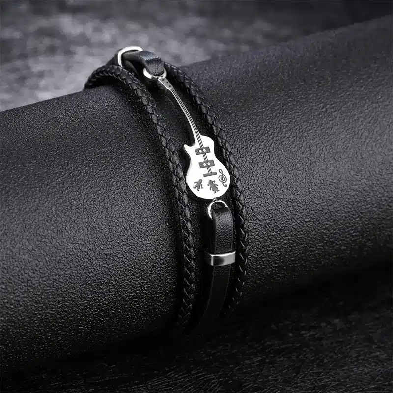 AZIZ BEKKAOUI Unique Stainless Steel Guitar Bracelets Customized Logo Leather Bracelet for Men Rope Bangle Drop shipping 15