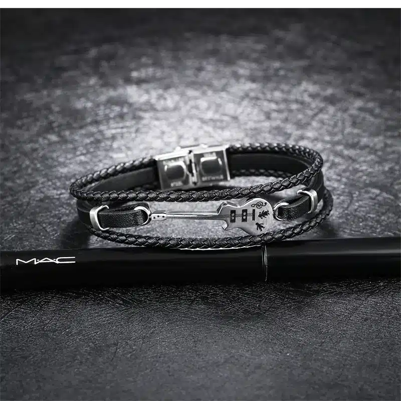 AZIZ BEKKAOUI Unique Stainless Steel Guitar Bracelets Customized Logo Leather Bracelet for Men Rope Bangle Drop shipping 16