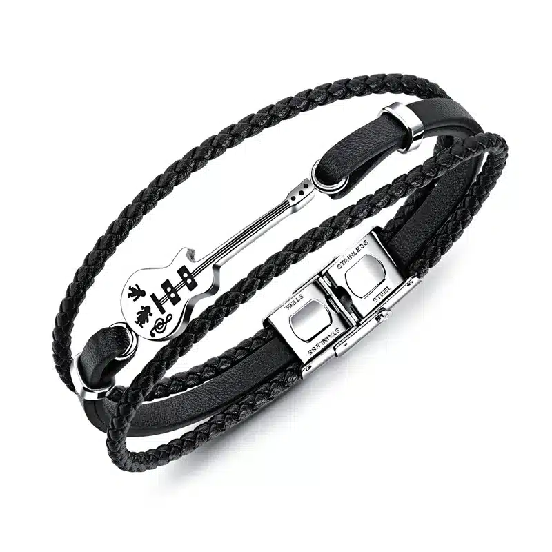 AZIZ BEKKAOUI Unique Stainless Steel Guitar Bracelets Customized Logo Leather Bracelet for Men Rope Bangle Drop shipping 19