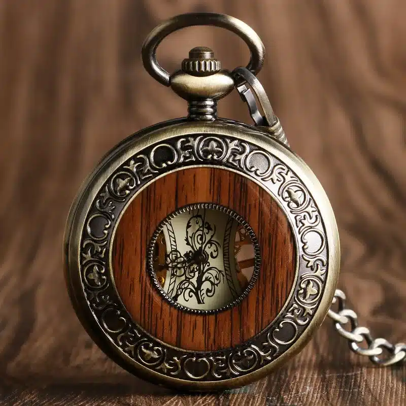 Retro Luxury Wood Circle Skeleton Pocket Watch Men Women Unisex Mechanical Hand-winding Roman numerals Necklace Gift P2012C 1