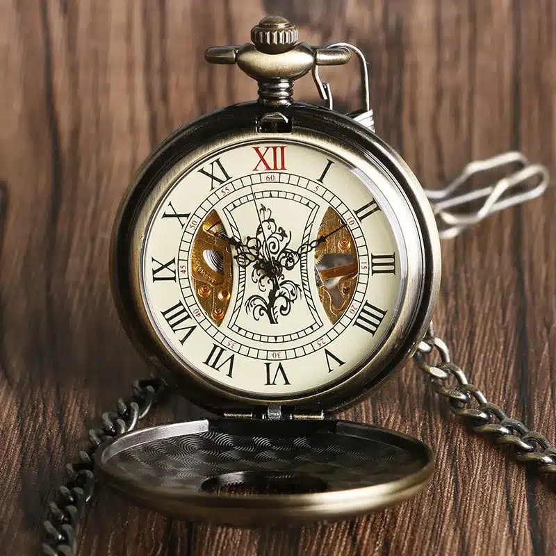 Retro Luxury Wood Circle Skeleton Pocket Watch Men Women Unisex Mechanical Hand-winding Roman numerals Necklace Gift P2012C 4