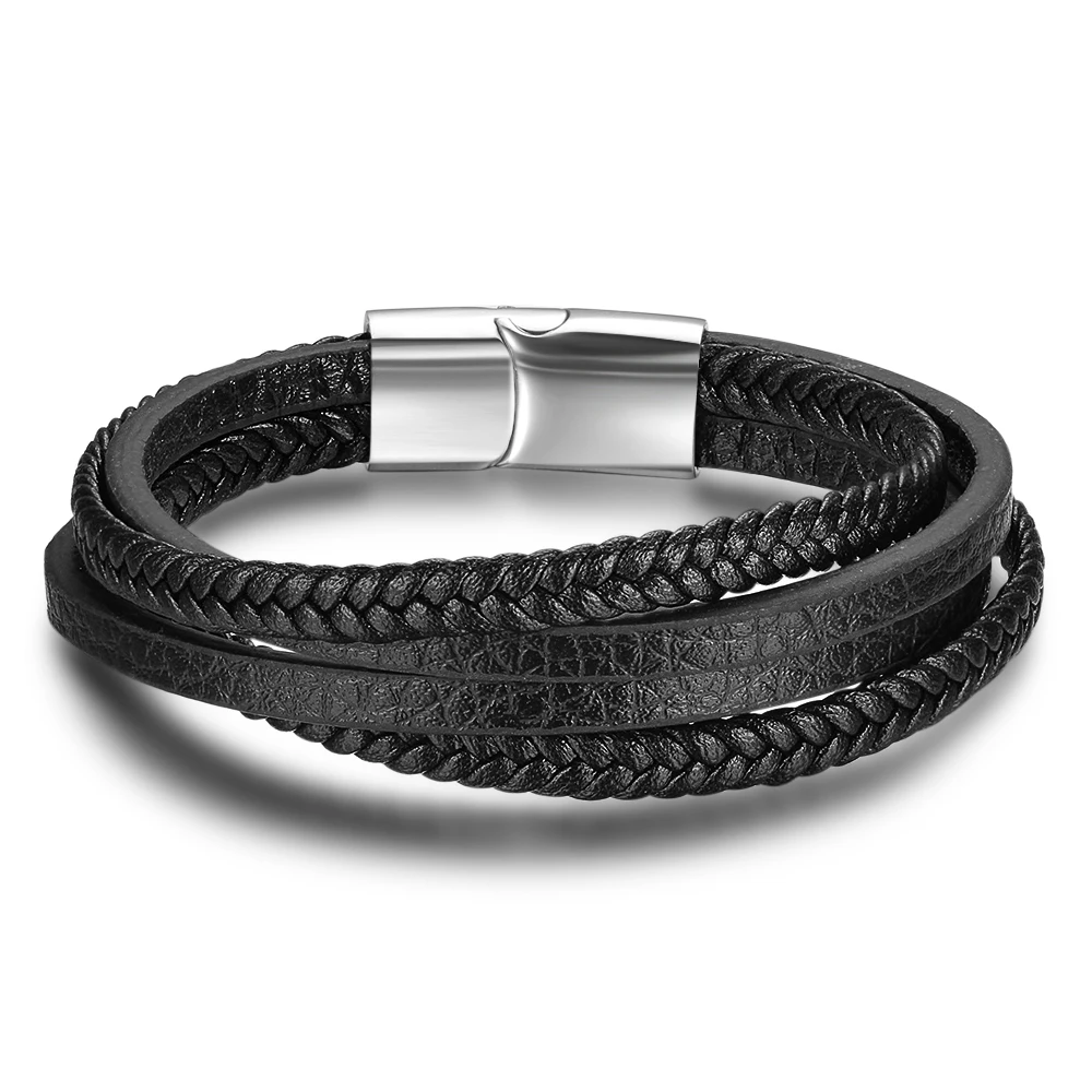 Bracelets & Bangles Men Stainless Steel Leather Bracelets Braided Rope Magnetic Clasp Male Bangles Jewelry 2017 New(BA101881) 45
