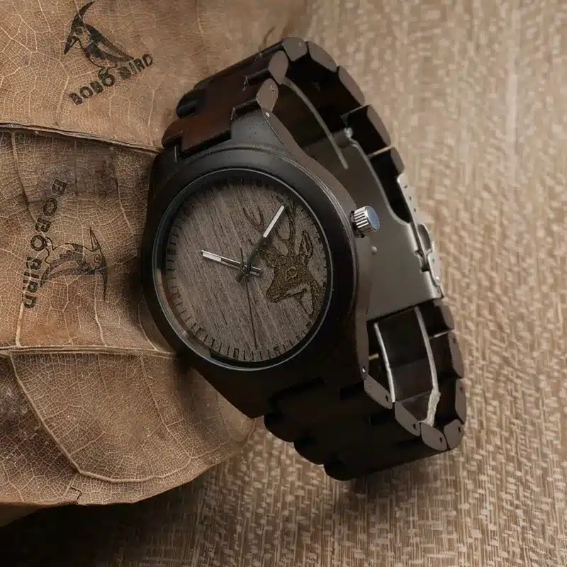 BOBO BIRD I26 Mens Unique Ebony Wooden Watches Deer Head Dial Casual Quartz Wrist Watches With Wood Links In Gift Watch Box 14