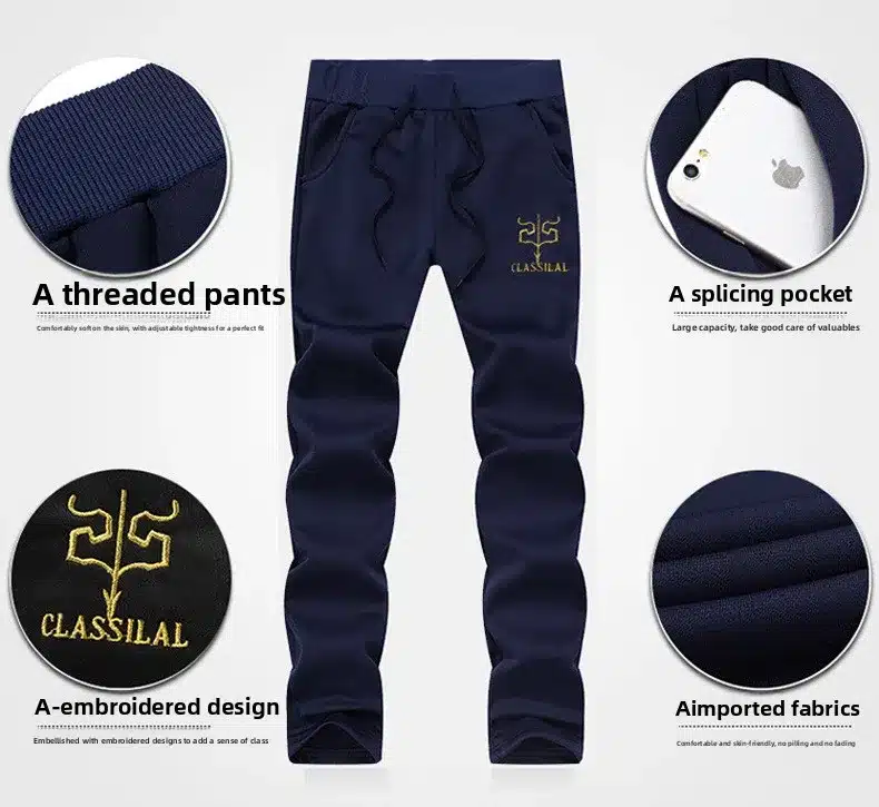 Tumesinised meeste 'Soojad ja pehmed dressid' püksid, millel on elastsed pingutusnööriga vöökoht, tikitud logo vasakul reiel ja suur lõike tasku, pükstel on õrn tekstuur ja pehme kangas helendaval valgel taustal.
