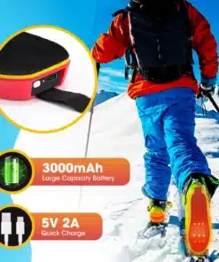 Elektrilised soojendusega sisetallad punases värvitoonis lume taustal. Sisetalla detailvaade koos juhtmevaba laadimise indikaatoriga. Paremal näha inimene talveriietuses talvematkal.