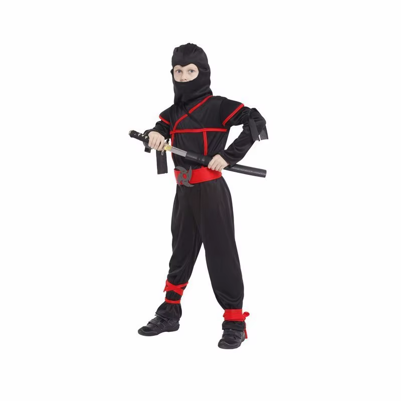must ja punane ninja-kostüüm poistele, millel on mõõk ja kapuuts