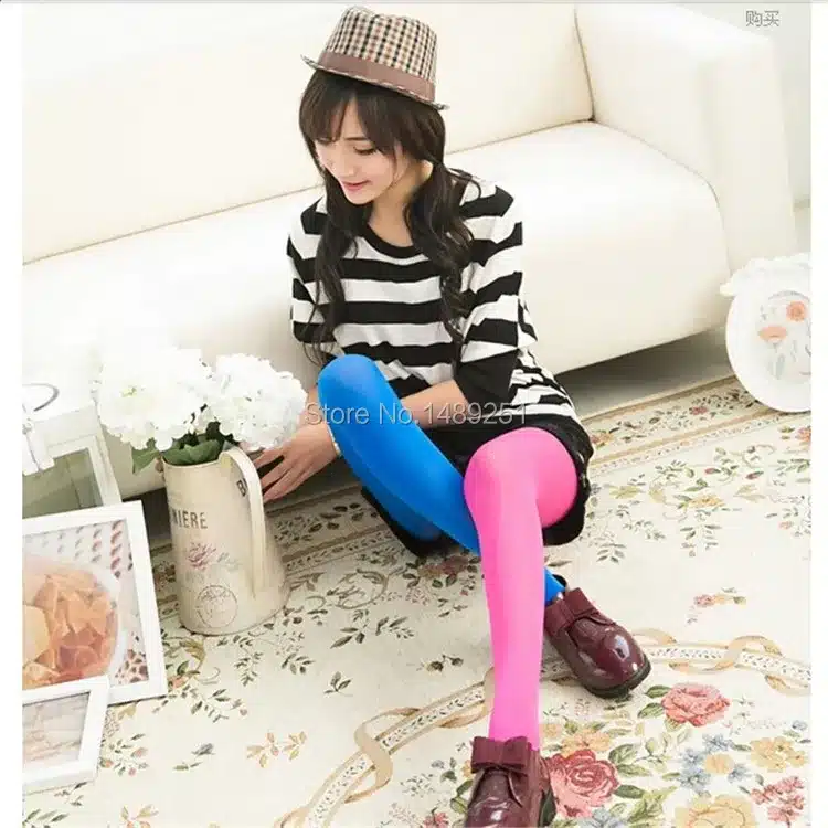 Women Spring Autumn 120D Tights Fashion Asymmetry Contrast Color Velvet Pantyhose Lady Girls Sexy Stockings Japanese Tight 21