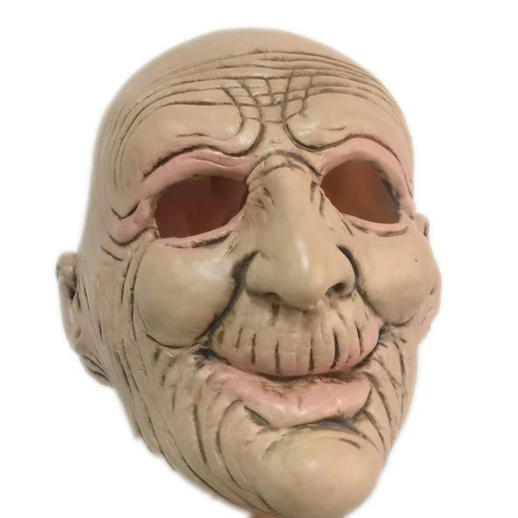 kortsuline vana mehe mask, millel on detailne näo tekstuur ja avatud silmaavad