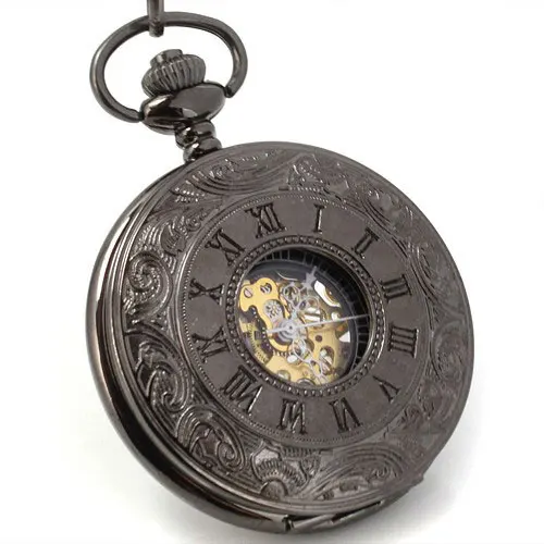 New Lace Dress Pocket Watch Gun color Mechanical Mens 23