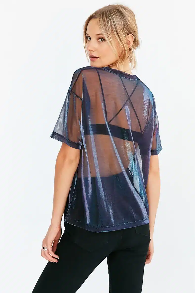 Seily 2018 Sexy Holographic Mesh Sheer Top T Shirt Women Short Sleeve Transparent Shiny Club Punk Tee Shirt Femme Tunic Summer 5