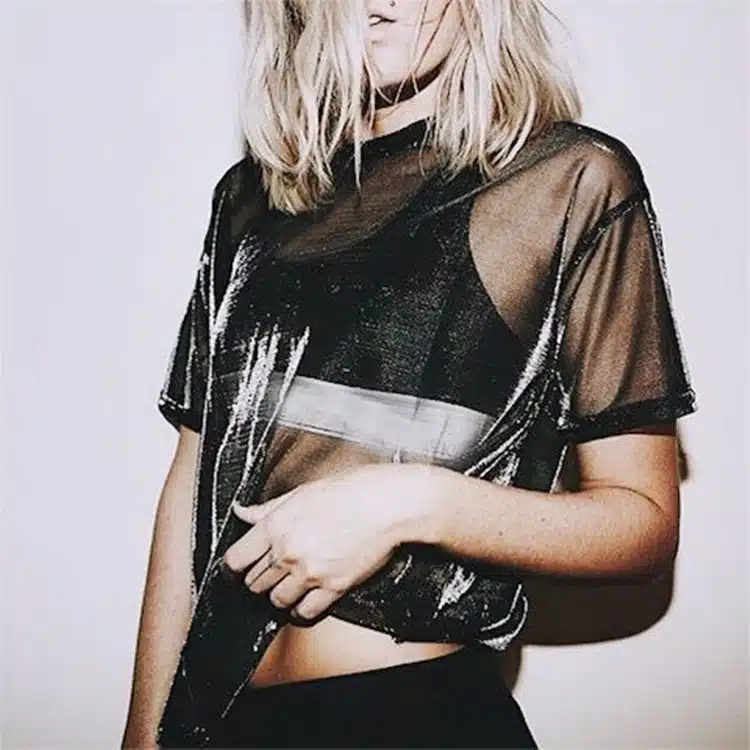 Seily 2018 Sexy Holographic Mesh Sheer Top T Shirt Women Short Sleeve Transparent Shiny Club Punk Tee Shirt Femme Tunic Summer 7
