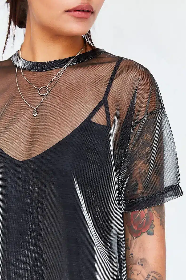 Seily 2018 Sexy Holographic Mesh Sheer Top T Shirt Women Short Sleeve Transparent Shiny Club Punk Tee Shirt Femme Tunic Summer 8