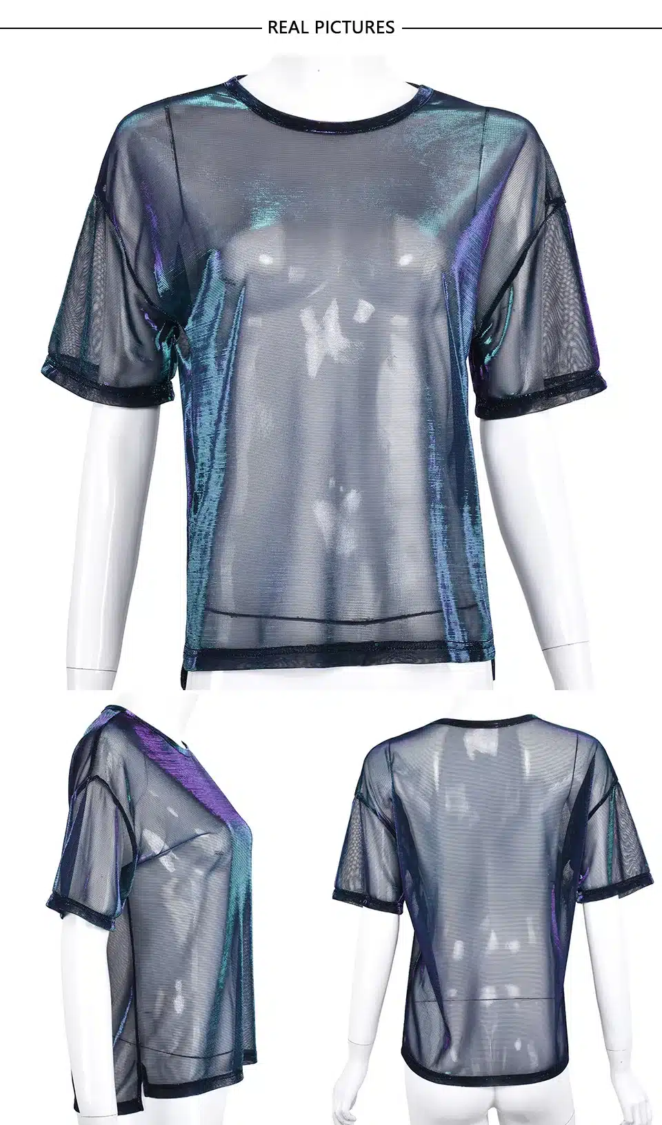 Seily 2018 Sexy Holographic Mesh Sheer Top T Shirt Women Short Sleeve Transparent Shiny Club Punk Tee Shirt Femme Tunic Summer 9