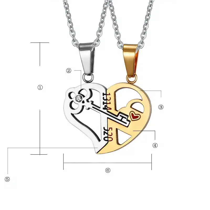 Meaeguet Romantic Couples Heart Key Crystal Pendant Her & His Love Necklace Set Lover Valentine Stainless Steel 24" Chain 4