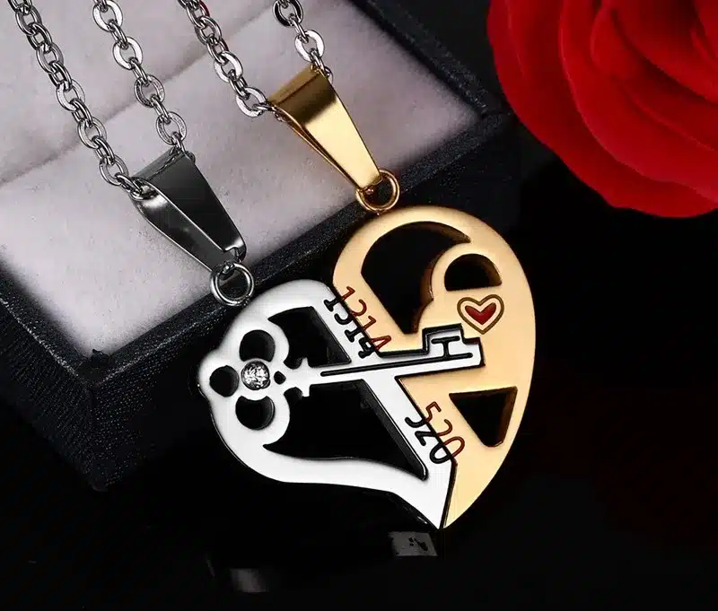 Meaeguet Romantic Couples Heart Key Crystal Pendant Her & His Love Necklace Set Lover Valentine Stainless Steel 24" Chain 6