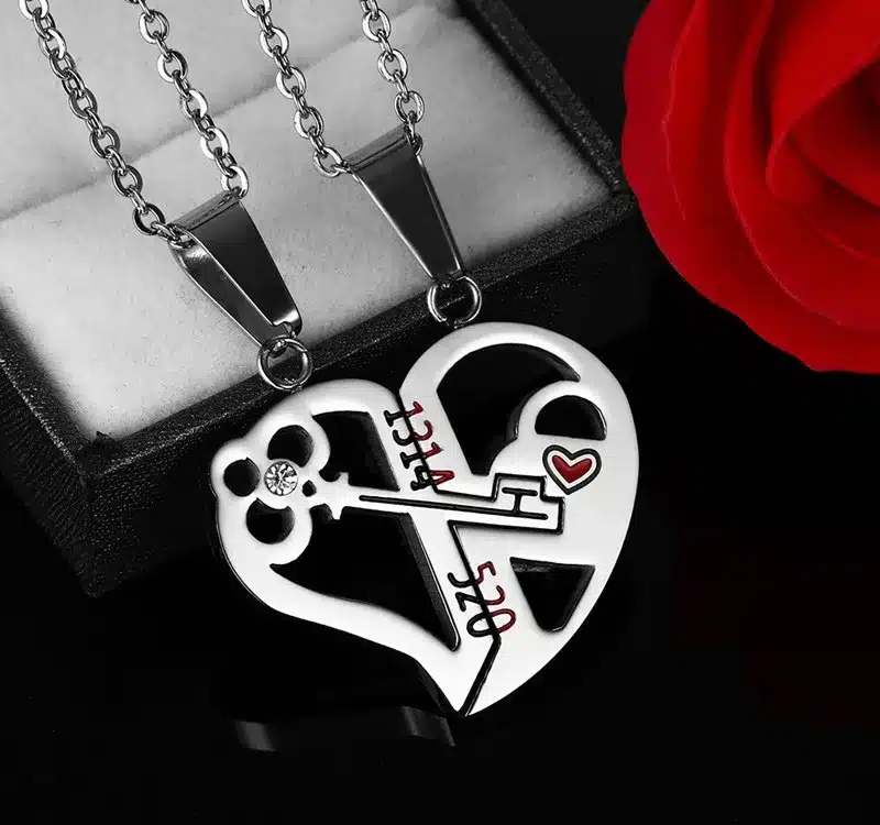 Meaeguet Romantic Couples Heart Key Crystal Pendant Her & His Love Necklace Set Lover Valentine Stainless Steel 24" Chain 7