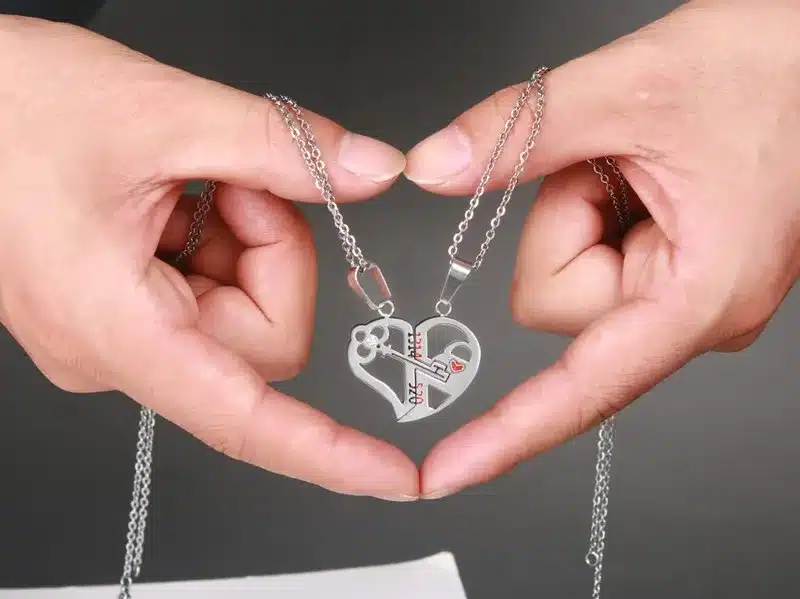 Meaeguet Romantic Couples Heart Key Crystal Pendant Her & His Love Necklace Set Lover Valentine Stainless Steel 24" Chain 9