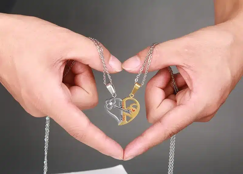 Meaeguet Romantic Couples Heart Key Crystal Pendant Her & His Love Necklace Set Lover Valentine Stainless Steel 24" Chain 11