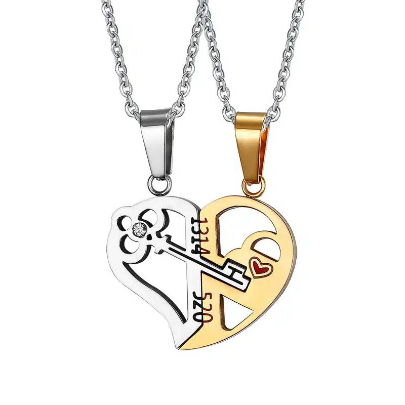 Meaeguet Romantic Couples Heart Key Crystal Pendant Her & His Love Necklace Set Lover Valentine Stainless Steel 24" Chain 14