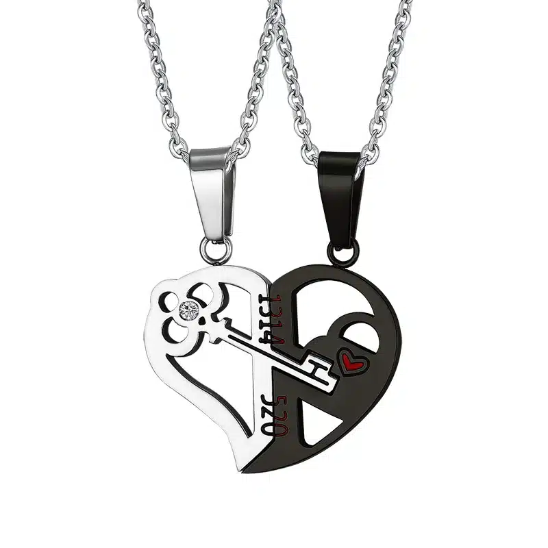 Meaeguet Romantic Couples Heart Key Crystal Pendant Her & His Love Necklace Set Lover Valentine Stainless Steel 24" Chain 15