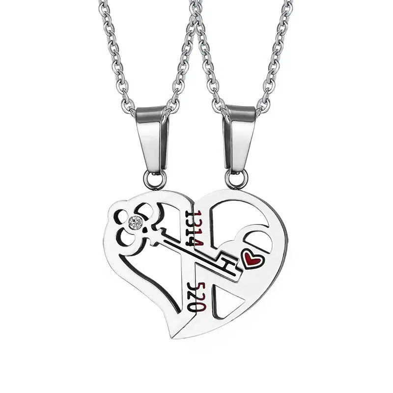 Meaeguet Romantic Couples Heart Key Crystal Pendant Her & His Love Necklace Set Lover Valentine Stainless Steel 24" Chain 16