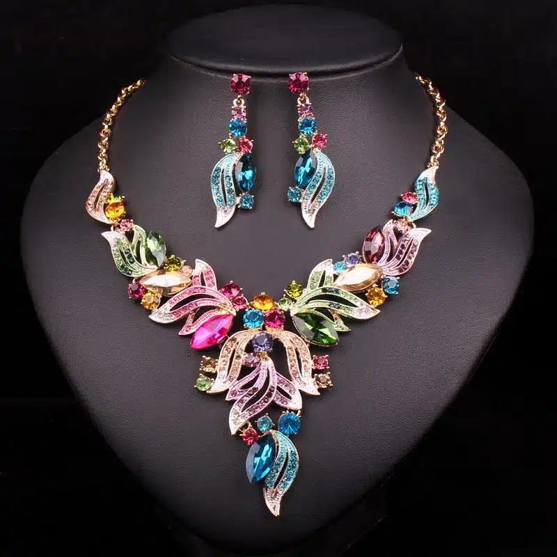 New Fashion Indian Rhinestone Bridal Jewelry Set Wedding Prom Party Accessories Gold Color Necklace Earring Set For Brides Women 4