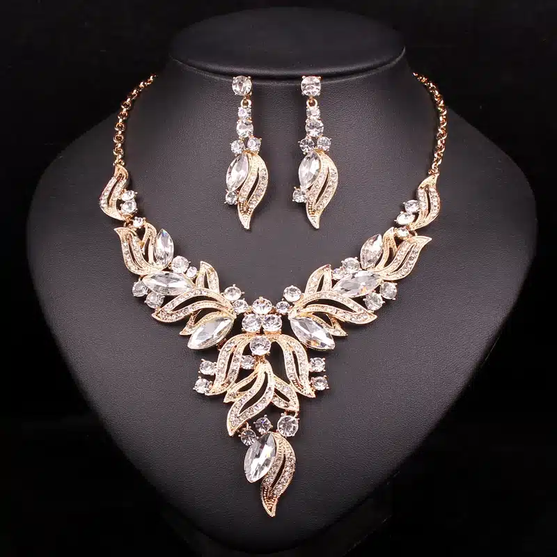 New Fashion Indian Rhinestone Bridal Jewelry Set Wedding Prom Party Accessories Gold Color Necklace Earring Set For Brides Women 6