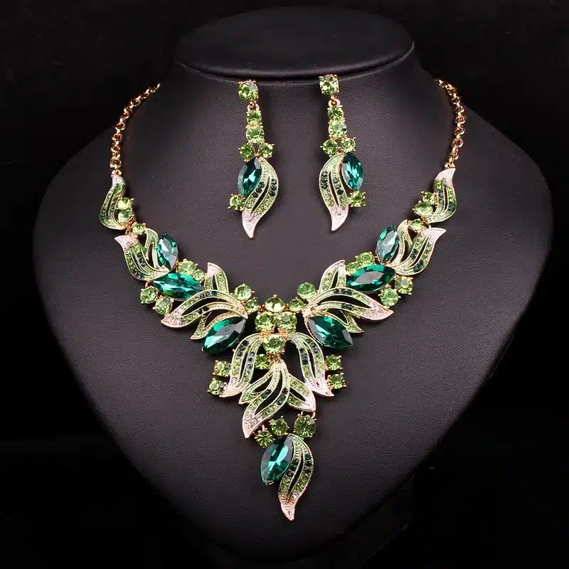 New Fashion Indian Rhinestone Bridal Jewelry Set Wedding Prom Party Accessories Gold Color Necklace Earring Set For Brides Women 8