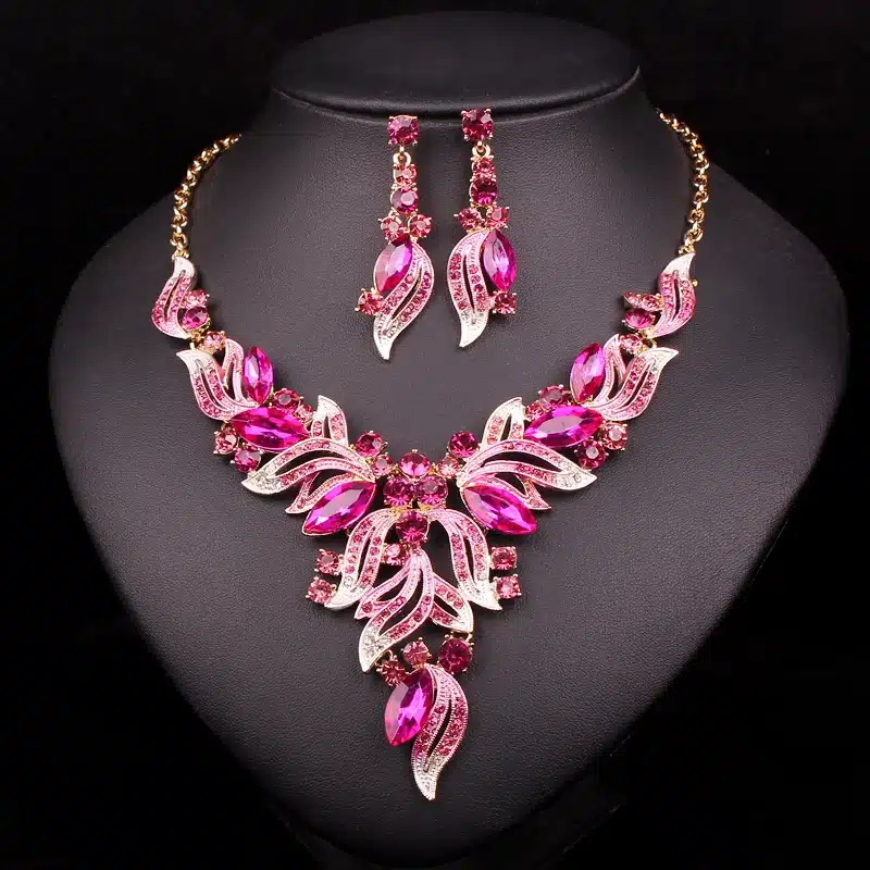 New Fashion Indian Rhinestone Bridal Jewelry Set Wedding Prom Party Accessories Gold Color Necklace Earring Set For Brides Women 9