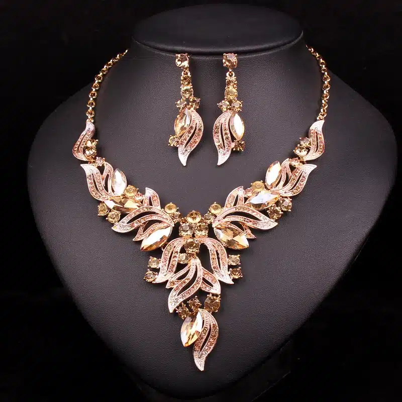 New Fashion Indian Rhinestone Bridal Jewelry Set Wedding Prom Party Accessories Gold Color Necklace Earring Set For Brides Women 10