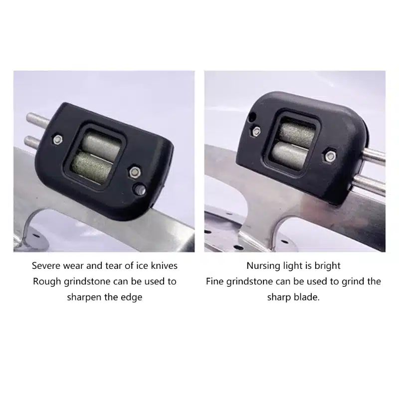 Uisuteritaja lähivõte, kus on näha metallist teritusratas ja must korpus. Pildil on kahes erinevas vaates sama toode roostevabast terasest taustal.