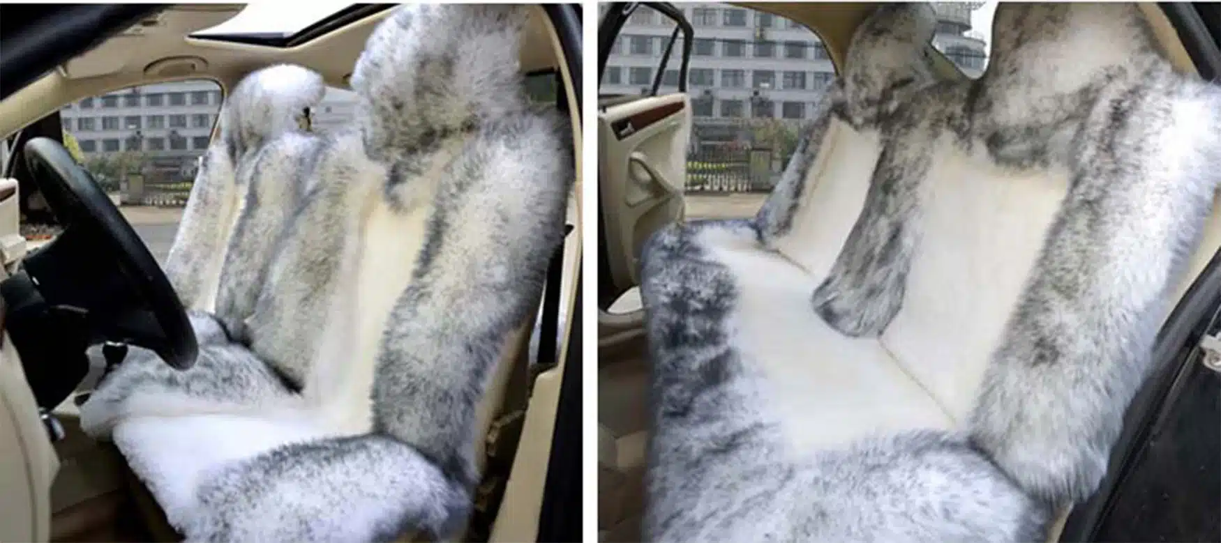 Luksuslik Austraalia lambanahast istmekate autosse, mis katab auto esi- ja tagaiste, pakkudes hubast valget ja halli värvi pehmeid karusnahkseid pindu. Taustal paistab osaliselt auto sisemus ja läbi akna on näha hoone.