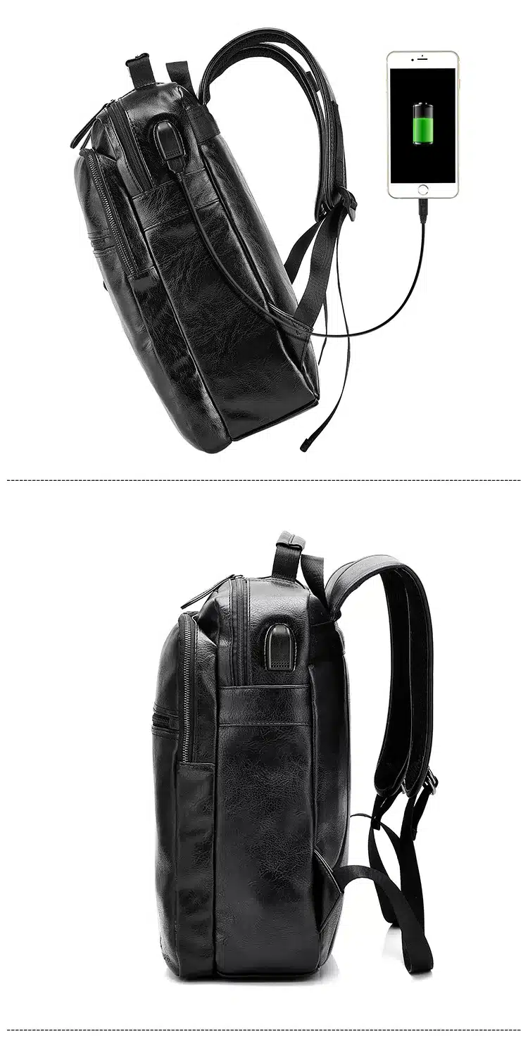 AHRI Men Business Casual Backpacks for School Travel Bag Black PU Leather Men's Fashion Shoulder Bags Vintage Boys Men Backpack 20