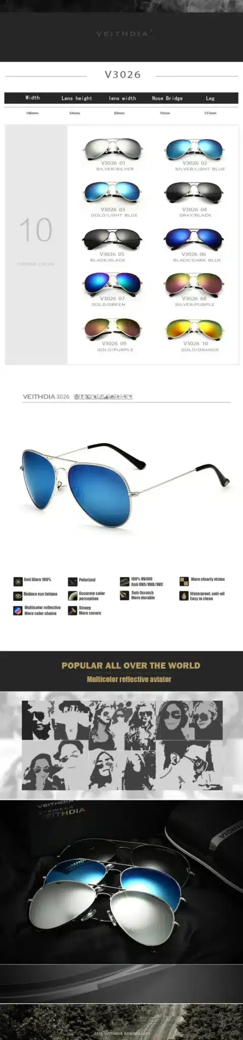 VEITHDIA Fashion aviation sunglass Polarized Sunglasses for Men/Women Colorful Reflective Coating Lens Driving Sun Glasses 3