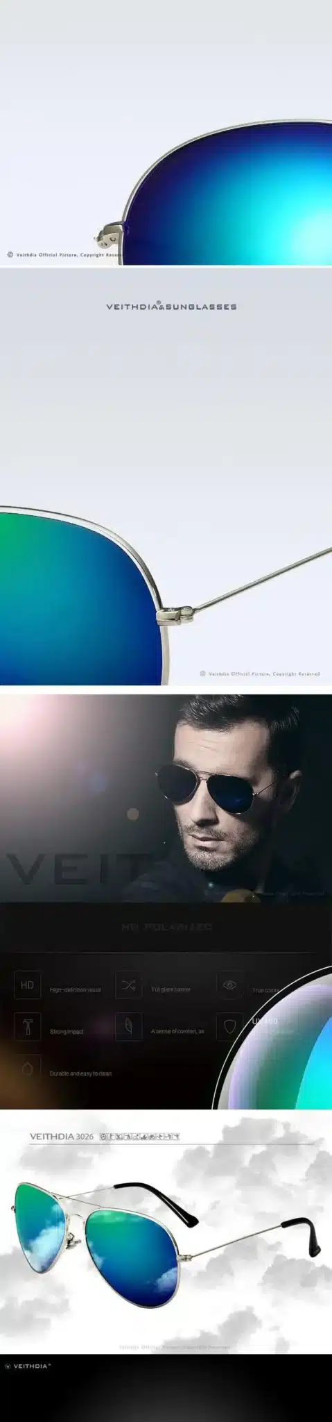 VEITHDIA Fashion aviation sunglass Polarized Sunglasses for Men/Women Colorful Reflective Coating Lens Driving Sun Glasses 6