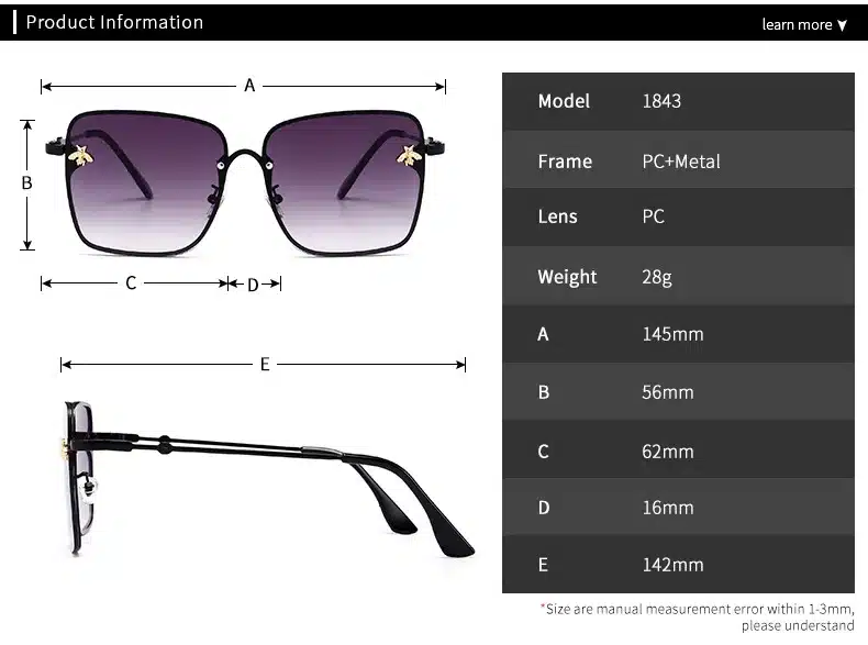 Retro Square Sunglasses Women Brand Designer Bee Metal Frame Oversized Sun Glasses Fashion Female Gradient Shades Oculos UV400 11