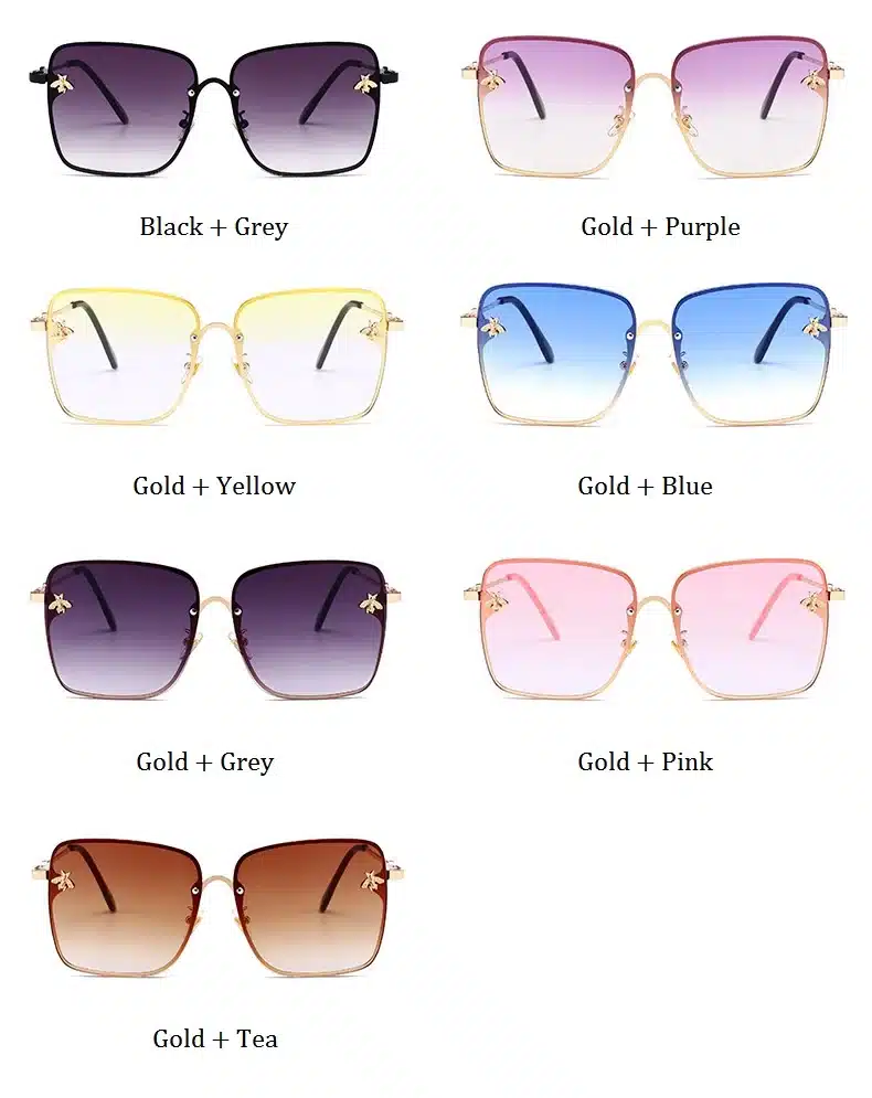 Retro Square Sunglasses Women Brand Designer Bee Metal Frame Oversized Sun Glasses Fashion Female Gradient Shades Oculos UV400 12