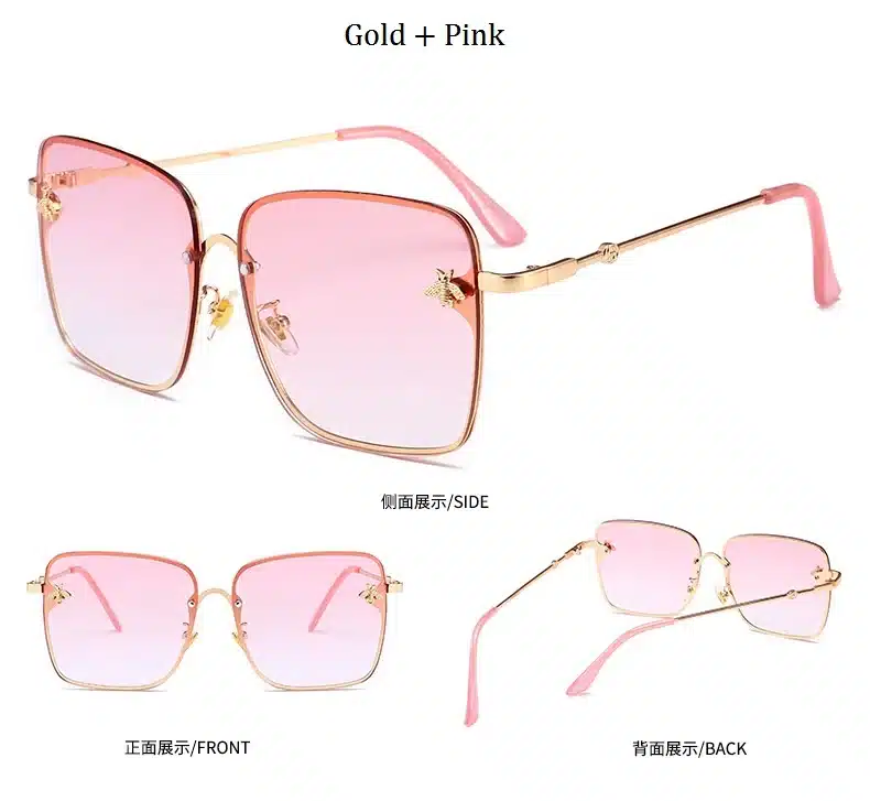 Retro Square Sunglasses Women Brand Designer Bee Metal Frame Oversized Sun Glasses Fashion Female Gradient Shades Oculos UV400 18