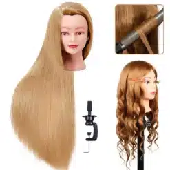 Mannekeeni pea pikkade blondide juustega, kinnitatud alusele, näidates sirgeid ja keerdunud juukseid ning lokitangide kasutamist. Juuksed on läikivast sünteetilisest materjalist.