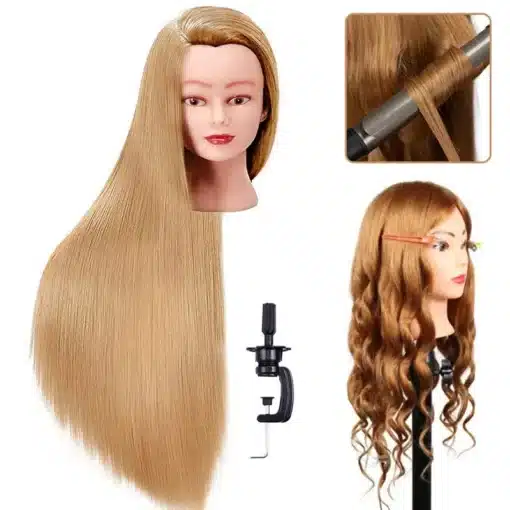 Mannekeeni pea pikkade juustega | E-pood Tootemaailm Mannekeeni pea pikkade blondide juustega, kinnitatud alusele, näidates sirgeid ja keerdunud juukseid ning lokitangide kasutamist. Juuksed on läikivast sünteetilisest materjalist.