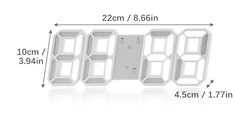 valge digitaalne LED kell mõõtudega 22 cm lai, 10 cm kõrge ja 4,5 cm sügav