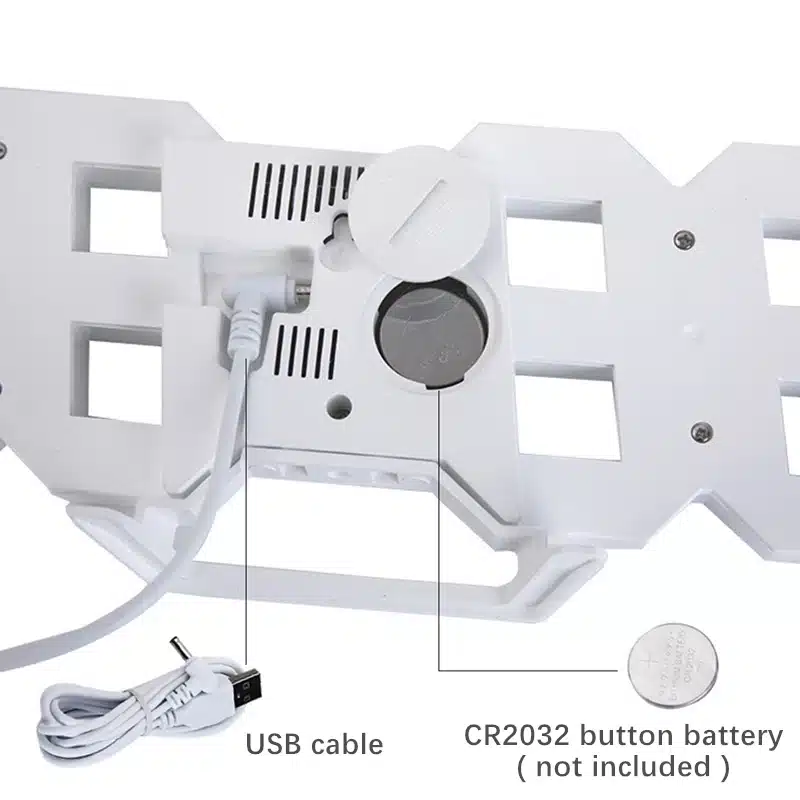 valge digitaalne LED kell USB kaabli ja CR2032 patarei pesaga