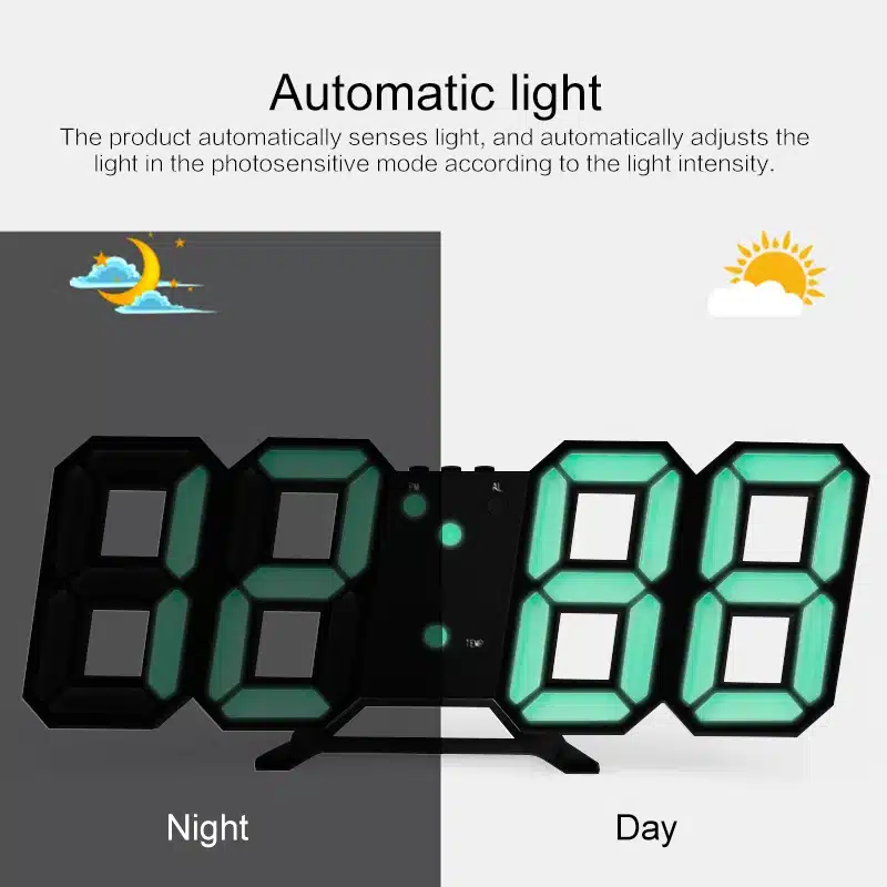 digitaalne LED kell, millel on automaatne valguse reguleerimine