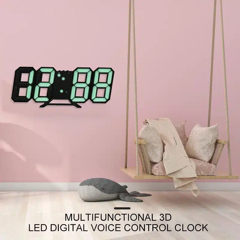 must digitaalne LED kell roheliste numbritega roosal seinal