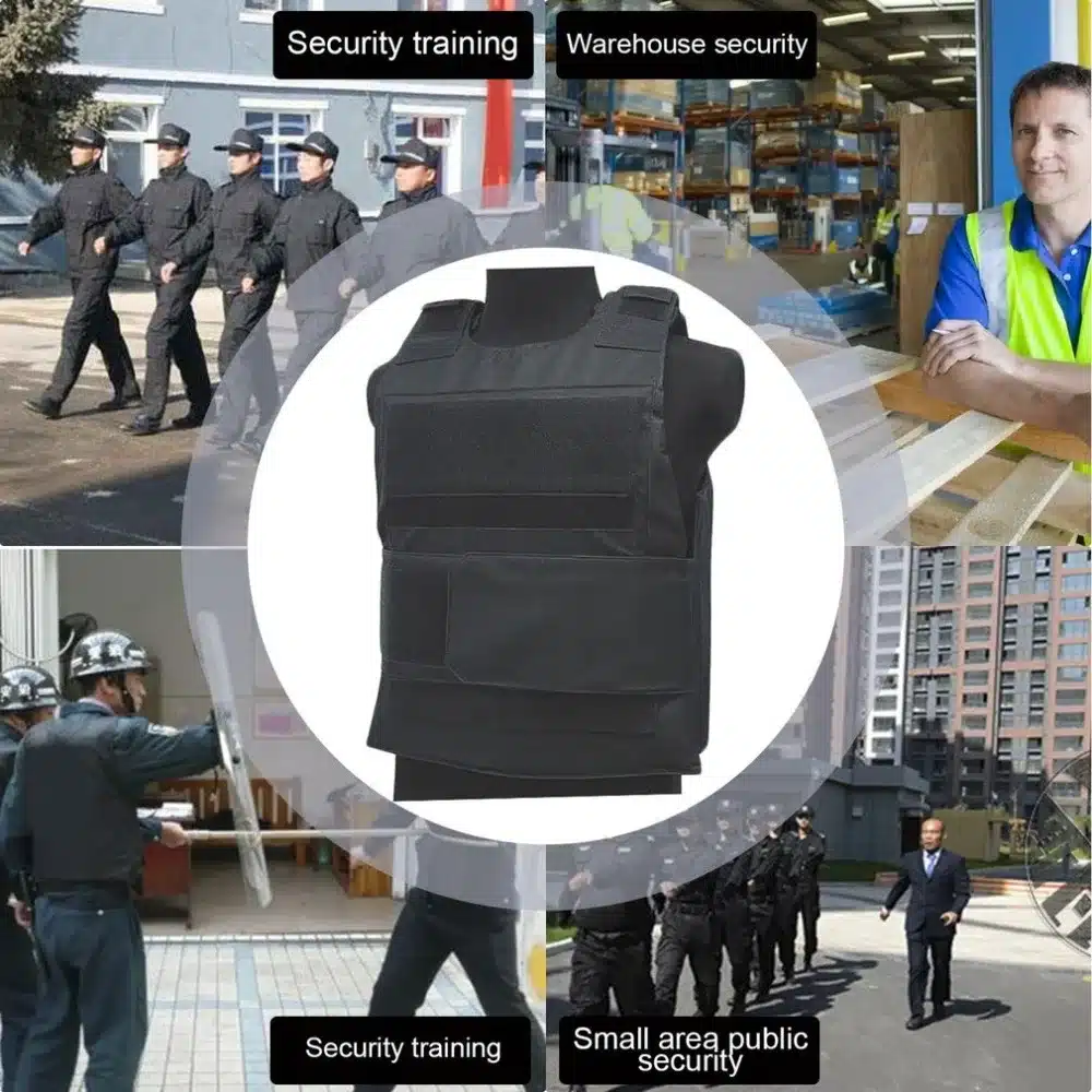 must taktikaline vest mannekeenil, ümbritsetud turvatöötajate piltidega