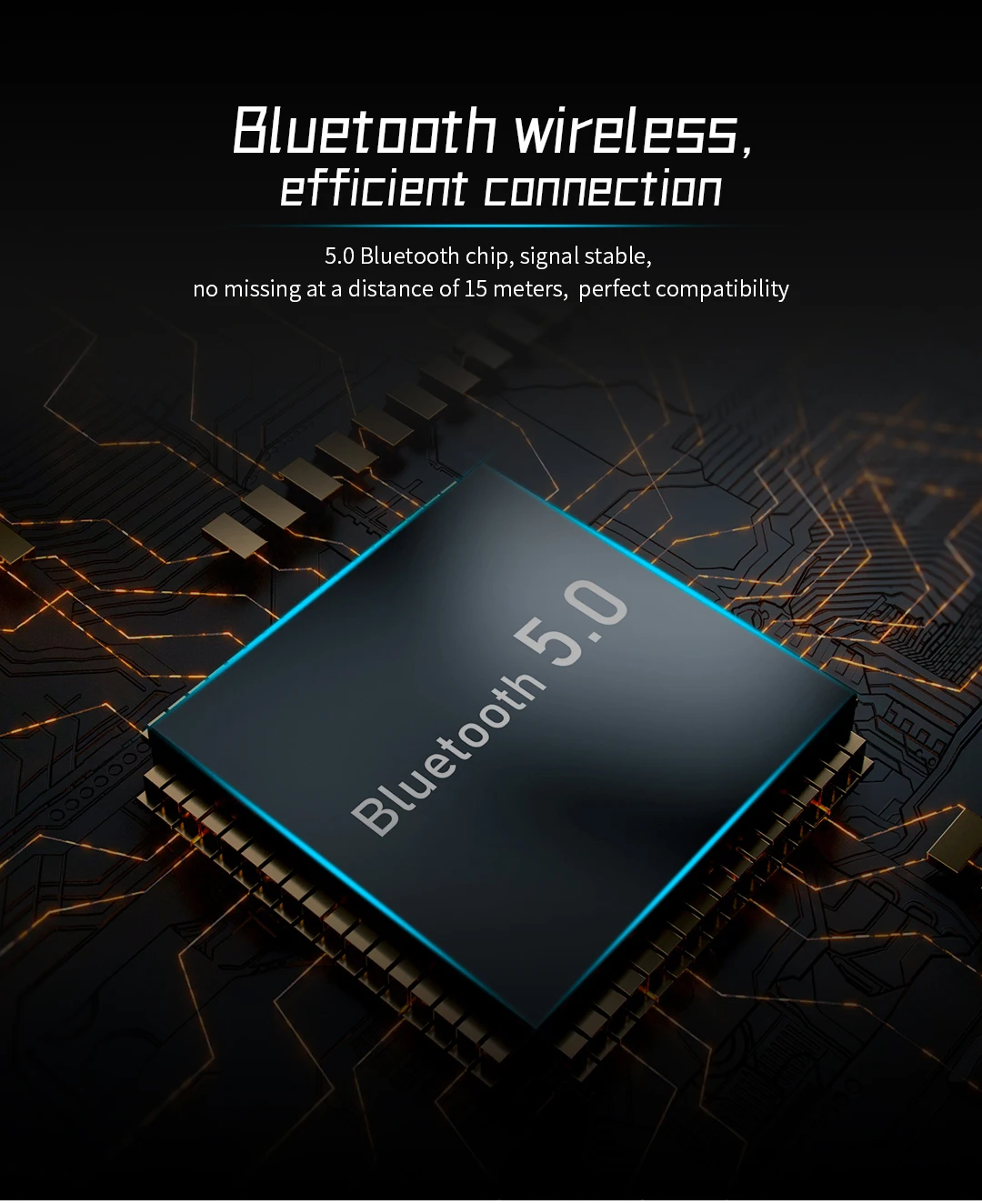 lähedalt vaade bluetooth 5.0 kiibile, mille ümber on elektroonilised vooluringid
