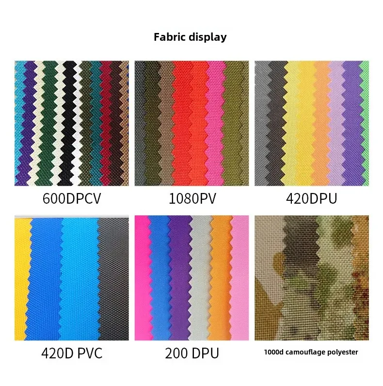 erinevad kangatüübid ja värvid, sealhulgas 600DPCV, 1080PV, 420DPU, 420D PVC, 200 DPU ja 1000d camouflage polyester