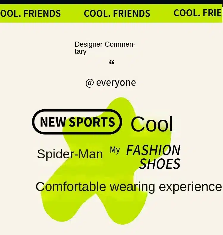 kollasel taustal tekstid nagu cool, spider-man ja fashion shoes