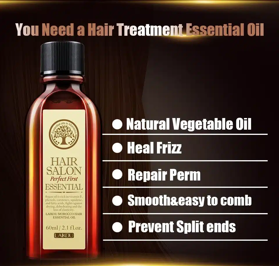 Pudel juuksehooldusõli tumeda puidu taustal, mille etiketil on tekst 'Hair Salon Perfect First Essential'.